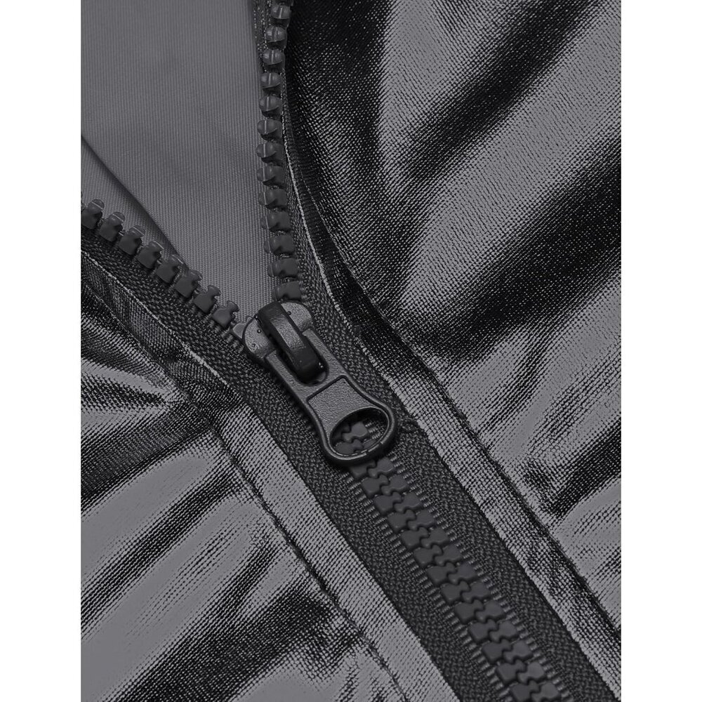 Men's Black Shiny Fabric Varsity Bomber Jacket Metallic Style Zipper Shirts - Picture 4 of 5